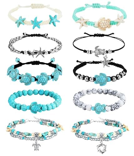 FASACCO 10 PCS Turtle Ankle Bracelets for Women Waterproof Handmade Starfish Sea Turtle Bracelet Adjustable Boho Summer Beach Bracelets for Women Men Bahamas Souvenirs - Image 1