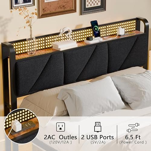 Furnulem Queen Bed Frame with Headboard and Storage Shelf, LED Light and Charging Station, Metal Platform Bed with Heavy Duty Slats, No Box Spring Needed, Noise Free & Easy Assembly thumbnail 3