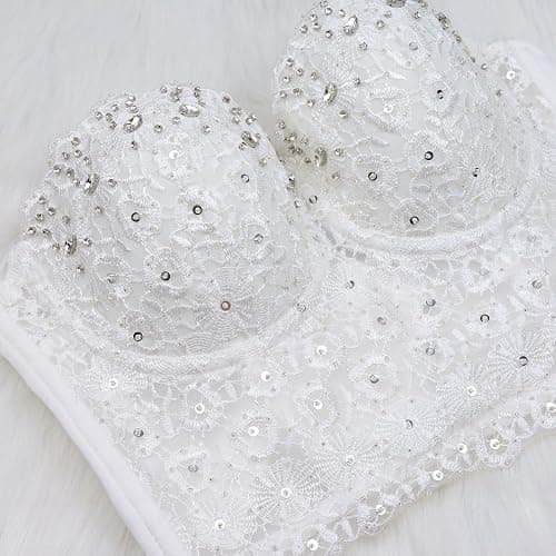 ELLACCI Women's Natural Reigning Lace Rhinestone Bustier Crop Top Sexy Mesh Corset Top Bra thumbnail 5