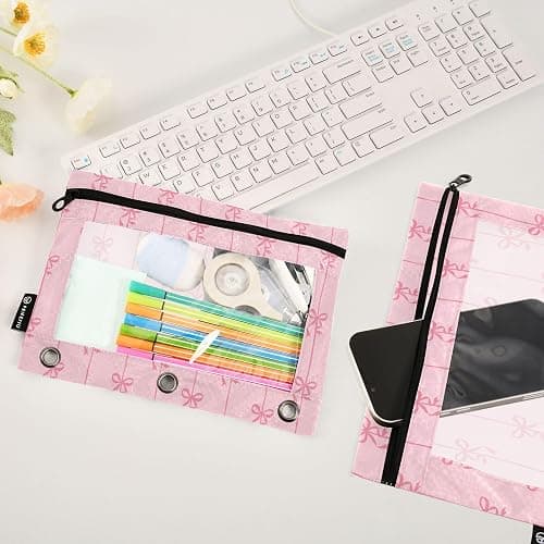 Bowknot Pink Binder Pouches 3 Ring for Boys Girls School Office College Supplies Cute Bow Ribbon Tie Pencil Pouches Case Bag with Clear Window and Zipper 2 Pack thumbnail 2