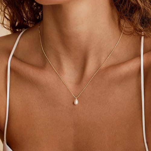 Pearl Necklaces for Women Trendy,Dainty Gold Necklace 14K Gold Plated Pearl Pendant Necklace Single Pearl Necklace Cute Choker Necklace Gold Lariat Necklace Simple Chain Necklace Bridal Gifts thumbnail 2