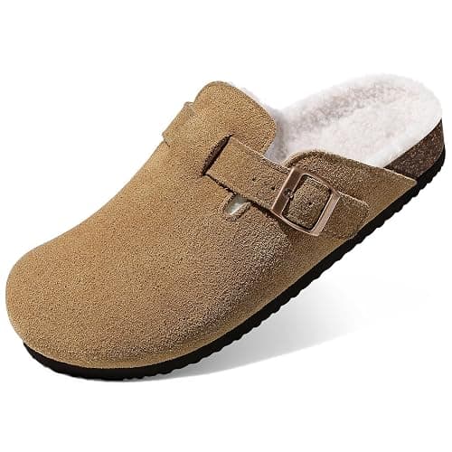 KIDMI Women's Fur Lined Suede Clogs Fuzzy Cork Footbed Mules Slip On Winter Potato Shoes - Image 1