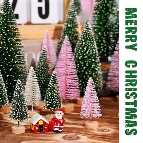 30Pcs Mini Christmas Trees Artificial Christmas Tree Bottle Brush Trees with Wooden Base for Christmas Decor Christmas Party Home Table Craft Decorations(Green+Beige+Pink) thumbnail 3