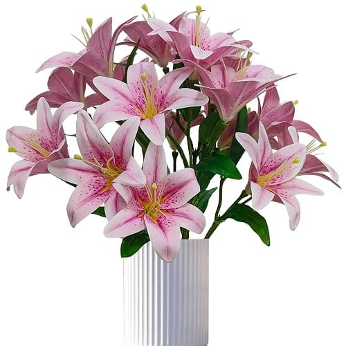 ARTIFIPLANT Light Purple Lillies Artificial Flowers, 6 Pcs Faux Lily Flowers,23 Inch Long Stem Tiger Lily Branch with 3 Full Blooms and 4 Leaves, Latex Real Touch Lilium Flower for Wedding Bouquet - Image 1