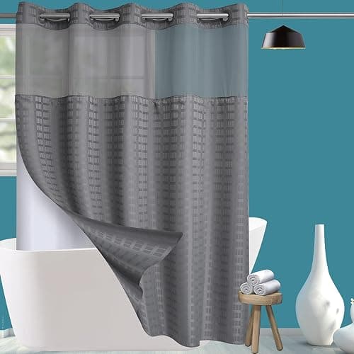 Conbo Mio Hotel Style Fabric Shower Curtain with Snap in Liner for Bathroom Machine Washable Waterproof Repellent (Check-Grey,71" W x 74" H) - Image 1