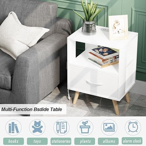 Aenuert Night Stand with Charging Station, White Kids Nightstand with Drawer, 3-Tier Nursery Bedside Table with USB Ports and Outlets, End Table for Small Space, Living Room, Bedroom thumbnail 5