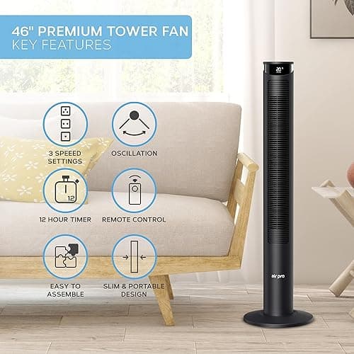 Air Pro Smart 46" Tower Fan- Oscillating Bladeless Fan with Remote - Tall Compact 3 Speeds Quiet Cooling Fan - Floor Standing Fan for Home and Office - LED Display, 4 Modes, 12Hour Timer - 46" - Black thumbnail 2