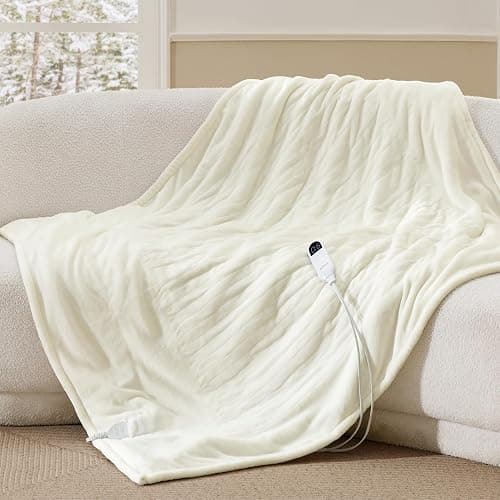 Bedsure Heated Blanket Throw Blanket - Fast Heating Electric Blanket, Soft Flannel Heated Throw with 4 Time Settings, 6 Heating Settings, Warm Gifts for Grandma (50x60 inches, Ivory) - Image 1