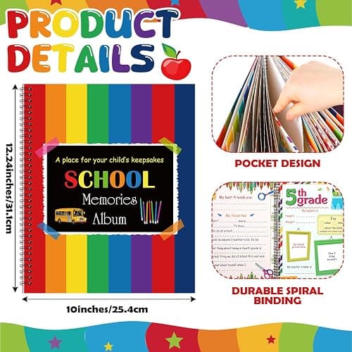 Motipuns School Memory Book Photo Album for Kids, School Years Keepsake Book Album Scrapbook from Preschool Through 12th Grade with 14 Pocket for Storage Portfolio Every Grade Pictures (Rainbow) thumbnail 3