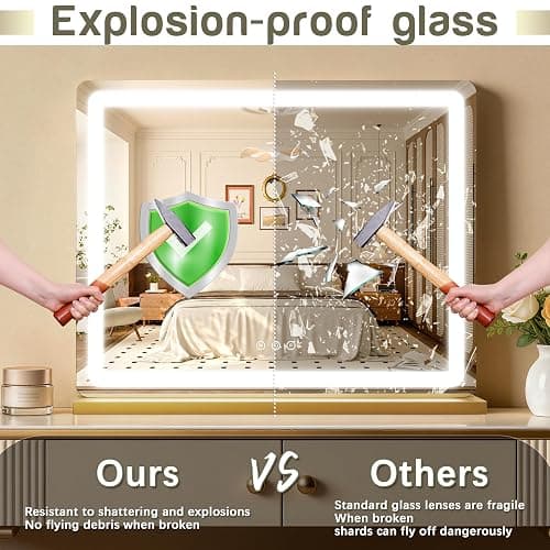 ROLOVE 23"x18" Gold Vanity Mirror with Lights, Large Lighted Makeup Mirror with 10X Magnifier, 3 Color Lighting & Stepless Dimming, Wall Mounted or Tabletop Desk Mirror for Bedroom thumbnail 7