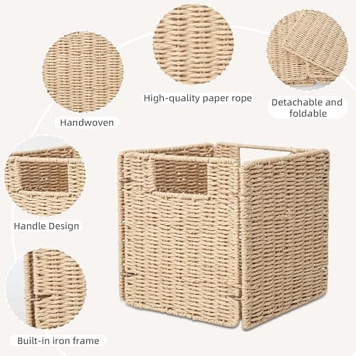 YAHUAN Foldable Paper Rope Storage Cubes 9X9 Hand Woven Wicker Storage Bins Square Basket Storage Baskets for Shelves (Paper rope 2-pack) thumbnail 4
