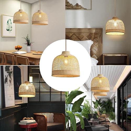 Hgrtaegs Rattan Pendant Lights, Hand-Woven Wicker Light Fixture for Kitchen Island, Natural Bamboo Hanging Ceiling Lamp with Basket Shade, Boho Farmhouse Chandelier for Living Room, 13.8 x 13.8IN thumbnail 6