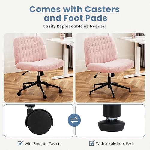 DUMOS Criss Cross Chair with Wheels, Legged Office Armless Wide Desk Seat with Dual-Purpose Base, Adjustable Swivel Teddy Fabric Task Vanity Home Bedroom, Pink - Pink - With Wheels thumbnail 3