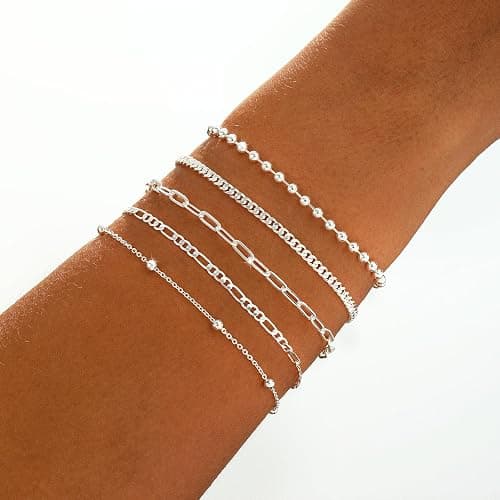 Relveo Gold/Silver Bracelets for Women,14K Real Gold Plated Bracelets Stack Trendy Jewelry Sets Stackable Snake Chain Figaro Paperclip Link Chain Adjustable Bracelet Pack Jewelry for Women thumbnail 4