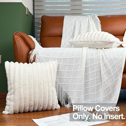18x18 Throw Pillow Covers Set of 2, Decorative Faux Fur Covers for Bed, Couch Soft Fluffy Pillow Cover with Velvet Back for Living Room, Neutral Home Décor Accent for Sofa - Cream White thumbnail 3