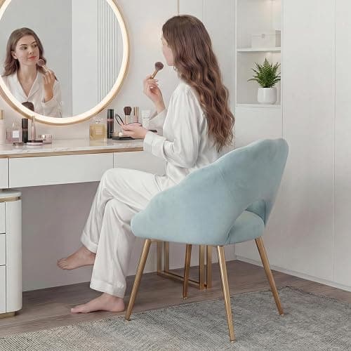 Modern Vanity Chair, Living Room Chair with Gold Metal Legs,Velvet Dining Chair, Comfy Accent Chair for Makeup Room, Waiting Room, Dressing Room, Bedroom, Dining Room, Home Office (1, Blue-green) thumbnail 7