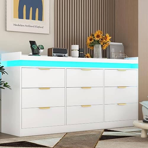 9 Drawer Dresser for Bedroom, White Dresser with LED Lights and Charging Station, Modern Chest of Drawer, Wood Triple Wide Drawer Organizer Cabinet for Bedroom, Living Room, Entryway, Hallway thumbnail 8