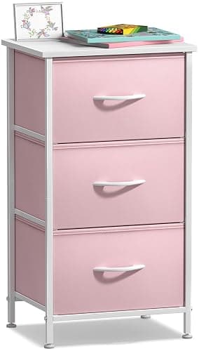 Sorbus Nightstand with 3 Drawers - Bedside Furniture & Accent End Table Chest for Home, Bedroom Accessories, Office, College Dorm, Steel Frame, Wood Top, Pastel Fabric Bins (Pink) - Image 1