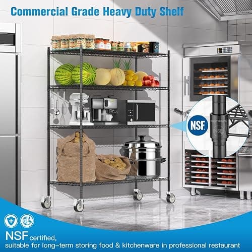 Wire Shelving with Wheels, 60x24x72 Inch, 2000 Lbs Storage Shelves Heavy Duty, Commercial-Grade Adjustable Utility Shelf, NSF-Certified Metal Storage Rack with Shelf Liners, 4-Tier, Matte Black - Matte Black - 4-Tier 60"x24"x72" thumbnail 4