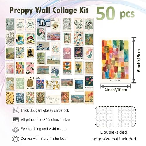 KBKBART Eclectic Wall Decor, 50Pcs Eclectic Wall Art Prints, Colorful Maximalist Decor Boho Gallery Wall Collage Kit, Vintage Famous Artists Painting Pictures Aesthetic Poster for Funky Room Decor, Home Decor for Bedroom Dorm thumbnail 2