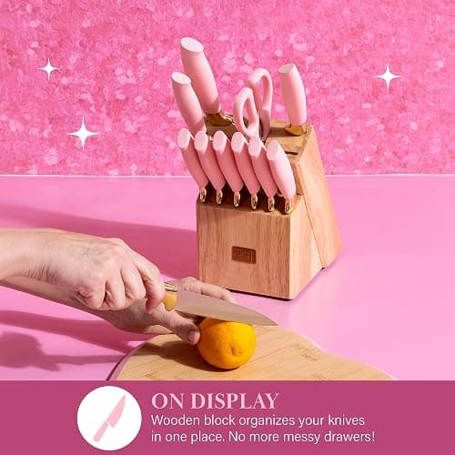 Paris Hilton 12-Piece Knife Set with Block, High-Carbon Stainless Steel Cutlery, Precision Blades and Ergonomic Handles, Pink thumbnail 5