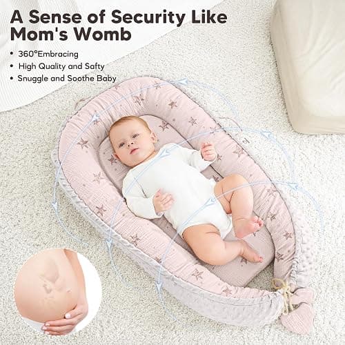 Bearmoss Baby Nest Pod for Newborn, Breathable & Soft Cotton Baby Lounger Infant Lounger Pillow, Babies Newborn Essentials Gifts for Baby Boys&Girls Home and Travel(Pink Sky) thumbnail 3