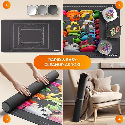The Original Newverest Jigsaw Puzzle Mat Roll Up, Saver Pad 46” x 26” Portable Keeper Up to 1500 Pieces with Non-Slip Rubber Bottom & Smooth Top + 3 Puzzle Sorting Trays & Travel-Friendly Storage Bag thumbnail 8
