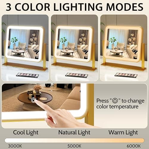 ROLOVE Gold Lighted Makeup Mirror, 14"x12" Vanity Mirror with Smart Touch Control, 3-Color Dimmable Lighting, 360° Rotation for Desk or Bedroom thumbnail 4