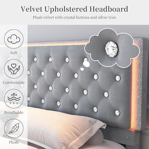 SIBEDS Queen Led Bed Frame with 2 Drawers, Storage Platform Queen Size Upholstered Bed Frames with Crystal Button Tufted Headboard, Solid Slats Support, Noise Free, No Box Spring Needed, Velvet Grey thumbnail 7