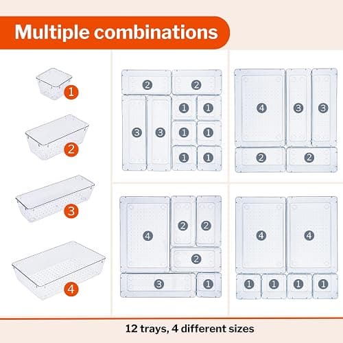 Stackzy Drawer Organiser Set – Makeup Organiser Tray for Drawers – Clear Cosmetics Container Tray for Bedroom – Utensil Cutlery Set Divider – Kitchen Storage & Organisation – 12pack thumbnail 3