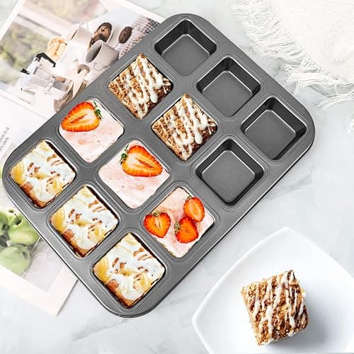 Beasea Brownie Pan with Dividers, 2 Set All Edges Square Cupcake Brownie Pans 12 Mini Cavity Non Stick Baking Carbon Steel Bread Mold Small Edge 3x4 Individual Cutter Sheet Tray for Cake Cookie Oven thumbnail 2