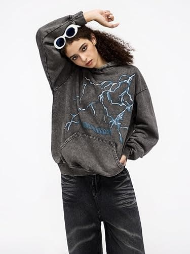 Aelfric Eden Mens Lightning Graphic Hoodies Print Oversized Unisex Streetwear Vintage Hoodie Y2k Sweatshirt Pocket Pullover thumbnail 7