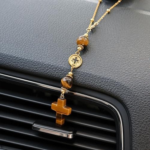 Cross Crystal Hanging Car Charm,Cute Healing Stones Car Decor for Rear View Mirror Boho Handmade Sun Catcher Ornament Accessories Tiger Eye Crystal Protection for Women thumbnail 5