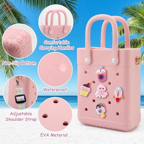 Mini Rubber Tote Bag, with 30Pcs Charms & 1Pcs Adjustable Shoulder Strap | X-Small EVA Beach Tote, Size: 8.07 × 6.7 × 3.15in, Long-Lasting and Not Easy to Fade, Fit for Little Girls and Women thumbnail 4