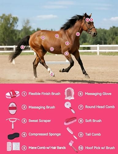 Furrishine 11PCS Horse Grooming Kit Curry Comb Sweat Scraper Horse Bathing Supplies Grooming Tools with Storage Bag Pink Garnet thumbnail 2