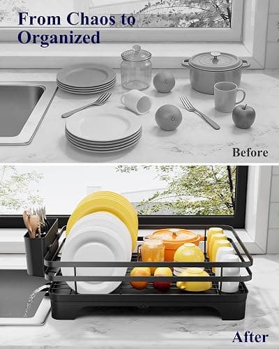 Kitsure Dish Drying Rack - Multi-Functional Dish Rack for Kitchen Counter with Cutlery Holder, Rust-Proof Storage Solution with Rotatable, 15.7" x 12.0" x 5.5", Black thumbnail 9