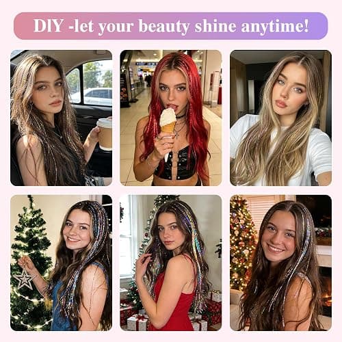 12 Colors Hair Tinsel Kit Hair Extensions 48 Inch With Tool 3600 Strands Sparkling Dazzle Glitter Shiny Fairy Hair Heat Resistant for Girls Women Christmas New Year Festival Party thumbnail 6