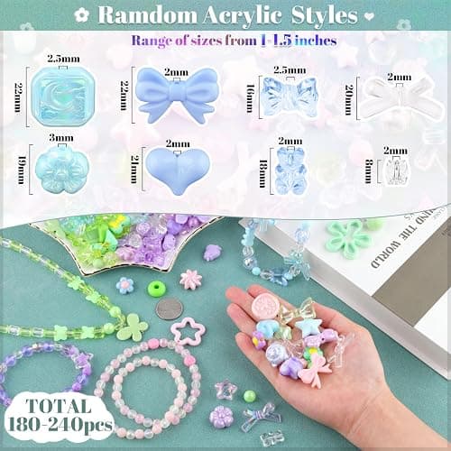 180-240PCS Assorted Acrylic Beads For Bracelet Making, Flower Bow Butterfly Candy Star Heart GummyBear Kawaii Aesthetic Bracelet Charms,Cute Beads For Jewelry Making DIY Necklace Keychain Phone Charms - 4 COLOR SERIES-PINK+PURPLE+BLUE+GREEN thumbnail 2