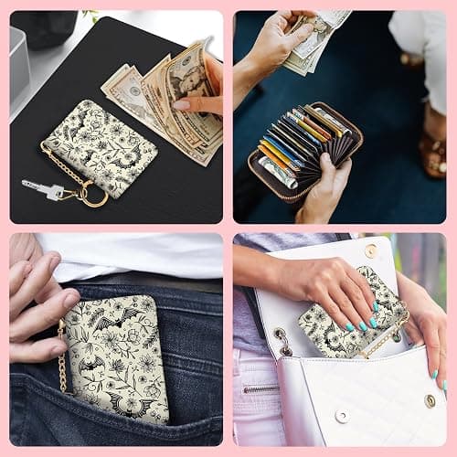 Blusabaca Goth Bat Credit Card Holder for Women, Gothic Floral Small RFID Wallet with Zipper, Card Keychain Wallet, Leather Wallet Card Case, Business Accordion Wallet Gift thumbnail 4