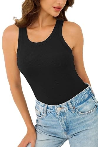 GKBK Womens Tank Tops High Neck Sleeveless Ribbed Tank Casual Basic Thick Strap Slim Fitted Racerback Shirts thumbnail 3
