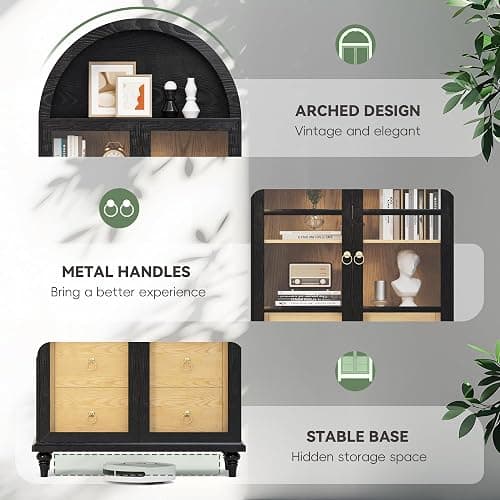 YESHOMY 71" Arched Cabinet, Tall Kitchen Pantry Storage Cabinets with Large Drawers, Shelves and Glass Doors, Modern Display Bookcase for Living Room, Dining Room (Pure Black) thumbnail 4
