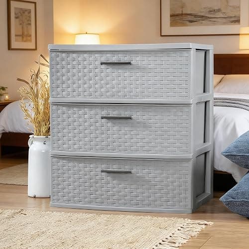 3-Drawer Wide Weave Tower, Plastic Storage Box with Pull Handles, Decorative Cabinet for Bedroom, Bathroom & Office, Gray thumbnail 2