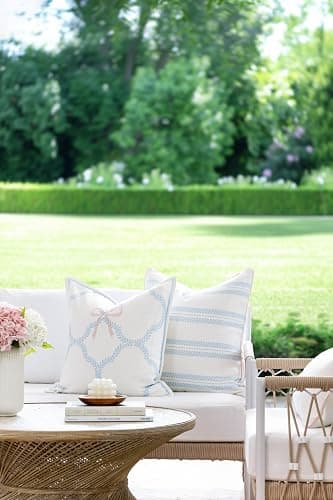 Hofdeco Premium Coastal Grandmillennial Patio Indoor Outdoor Throw Pillow Cover Only, 20"x20" Water Repellent for Backyard, Couch, Poolside, Baby Blue Pink Embroidered Ribbon Bow Tie on Leaves thumbnail 2