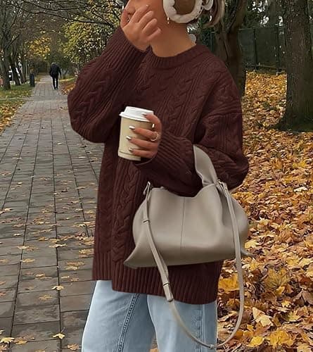 Okiwam Women's Oversized Sweaters Crewneck Cable Knit Pullover Casual Loose Fall Outfits Fashion Clothes 2025 thumbnail 2