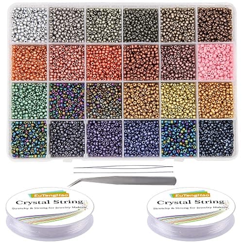 EuTengHao 8/0 Glass Seed Beads Kit, 3mm Metal Color Waist Beads, 24Colors Small Pony Beads with String for Bracelet Necklace Earring Jewelry Making (14405PCS, 600 Per Color) - Image 1