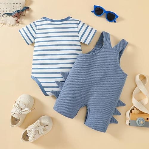 Tepuce Baby Boy Clothes Infant Boys Summer Outfits Short Sleeve Striped Romper Dinosaur Overall Shorts Set 0-18 Months thumbnail 4