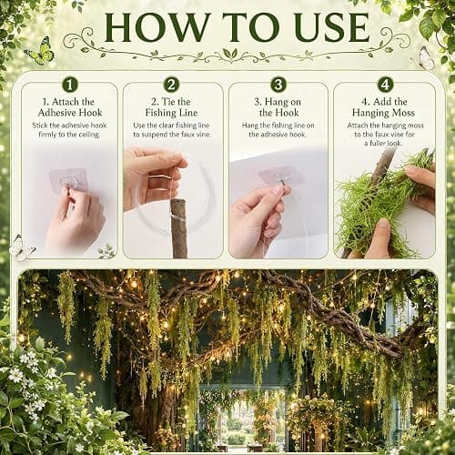 Bucherry Hanging Green Spanish Moss Classroom Fairy Party Ceiling Decor | Artificial Vines for Safari Tropical Whimsical Wall Decor, Enchanted Indoor Outdoor Garden DIY Hanging Greenery thumbnail 4