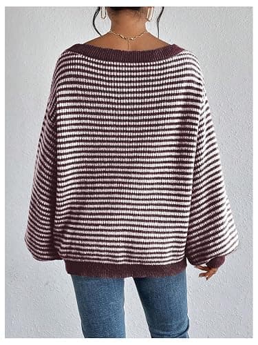 SOLY HUX Women's Off The Shoulder Striped Sweaters Oversized Long Sleeve Knit Pullover Tops thumbnail 2