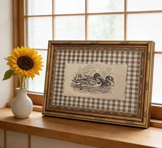 Vintage Gold Framed Wall Art, Brown Gingham Sketch Ducks Canvas Prints, Retro Rustic Farmhouse Animal Picture Wall Decor, Country Cottagecore Goose Poster Artwork for Living Room Bedroom thumbnail 8