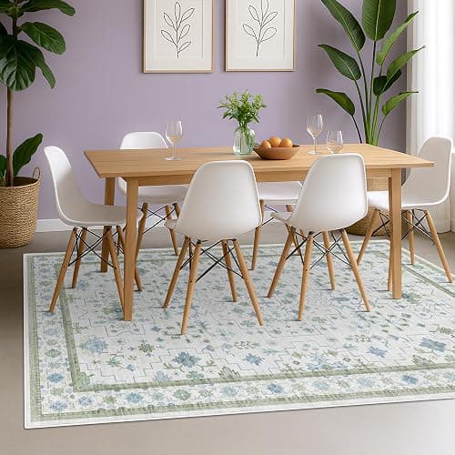 Hazo Haus Cream Oushak 6x9 Bedroom Rug - Boho Floral Cool Blue and Green, Washable Low Pile Non-Slip Ultra-Thin Large Area Rugs for Bed Room, Living Room, Playroom thumbnail 3
